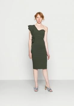 WAL G. KIRA ONE SHOULDER RUFFLE MIDI DRESS - Shift Dress - Khaki Green