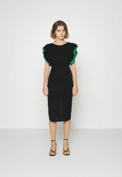 WAL G. KELLY RUFFLE SLEEVE MIDI DRESS - Cocktail Dress / Party Dress - Black/ Leaf Green