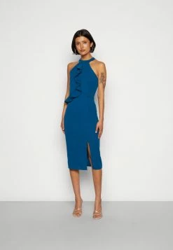 WAL G. SASHA FRILL NECK MIDI DRESS - Jersey Dress - Dark Teal Blue