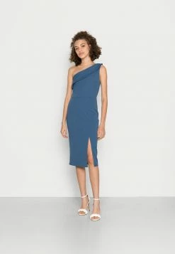 WAL G. DAKOTA ONE SHOULDER FRILL MIDI DRESS - Cocktail Dress / Party Dress - Denim