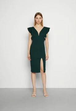 WAL G. V NECK RUFFLE SLEEVE MIDI DRESS - Cocktail Dress / Party Dress - Forest Green/beige