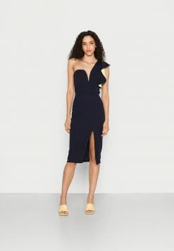 WAL G. ONE SHOULDER RUFFLE MIDI DRESS - Jersey Dress - Navy/yellow