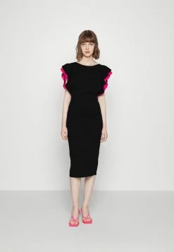 WAL G. KELLY RUFFLE SLEEVE MIDI DRESS - Cocktail Dress / Party Dress - Black/dark Fushia