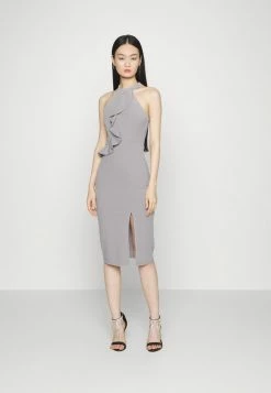 WAL G. SASHA FRILL NECK MIDI DRESS - Jersey Dress - Pearl Grey