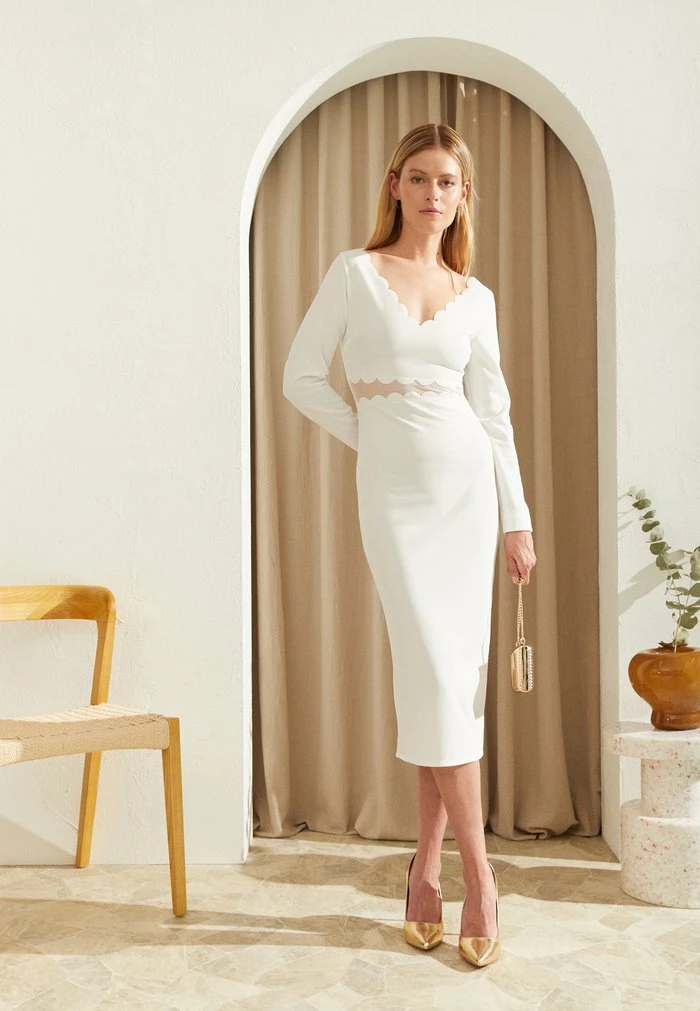 WGXZL WEDDING - RHODE SCALLOP V NECK MESH MIDI DRESS - Cocktail dress / Party dress - white WAL G. WGXZL WEDDING - RHODE SCALLOP V NECK MESH MIDI DRESS - Cocktail Dress / Party Dress - White -WAL G. Sales Store d44c43dbdf53468a95bb58432cda737a