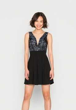 WAL G. BELLE V NECK LACE SKATER DRESS - Cocktail Dress / Party Dress - Black / Cornflower Blue